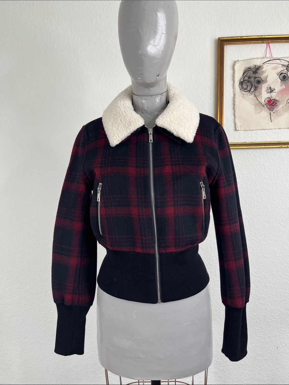 Maje Bloppane Buffalo Check Plaid Wool Blend Bomber Jacket Sherpa Faux Fur Colla